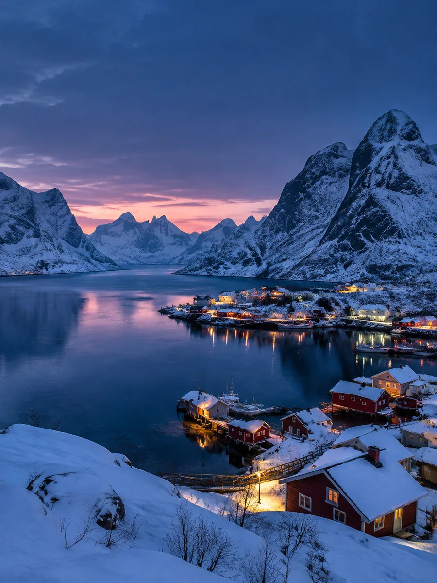 Snowy mountains around an Arctic fjord in the blue hour of the polar night, a village with warm lights by the water
